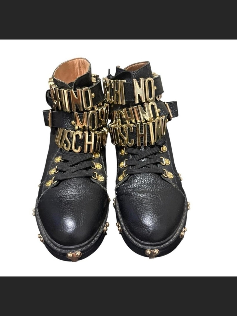 Moschino Black Leather Logo-Strap Combat Boots with Gold Hardware - Picture 5 of 6